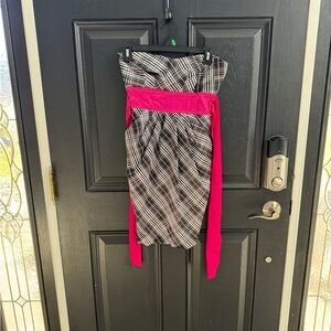 Strapless Plaid Dress with Hot Pink Sash